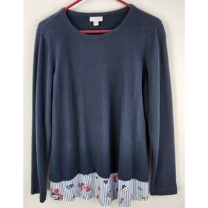 J. Jill Wearever Collection Long Sleeve Navy Stripe Floral Sweatshirt Top Sz Med